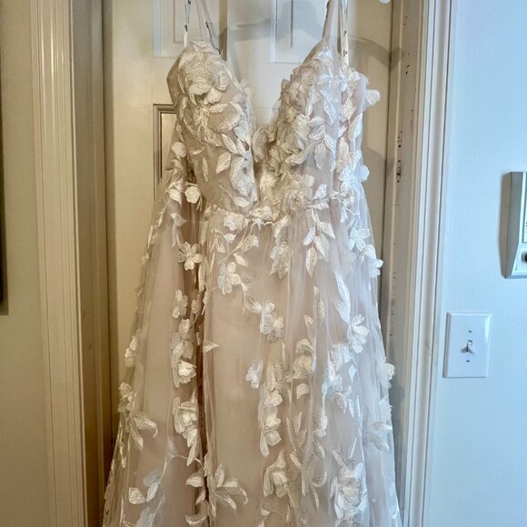 Floral Applique Tea-Length Dress STYLE # SDWG1240 - Picture 3 of 5